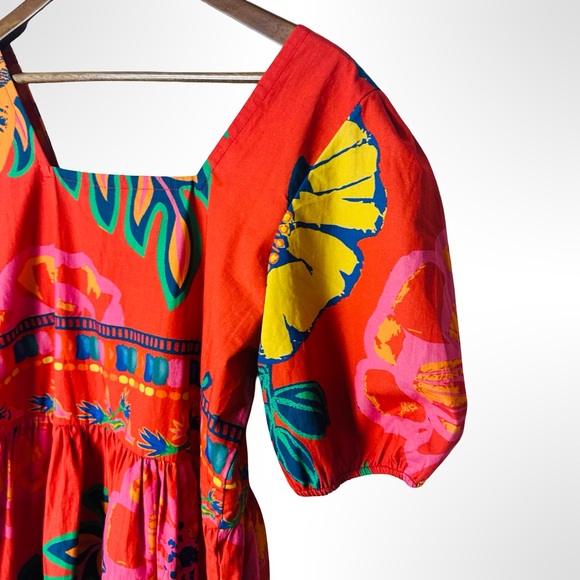 Maude Vivante Aria Dress Medium Red Floral Puff Sleeves Colorful Vacation Resort - Picture 5 of 13